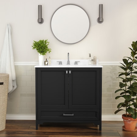 Flash Furniture Haven 36 Inch Bathroom Vanity w/Sink, Storage Cabinet w/Soft Close Doors and Bottom Drawer, Black FS-BN-4-36-KD-BK-GG